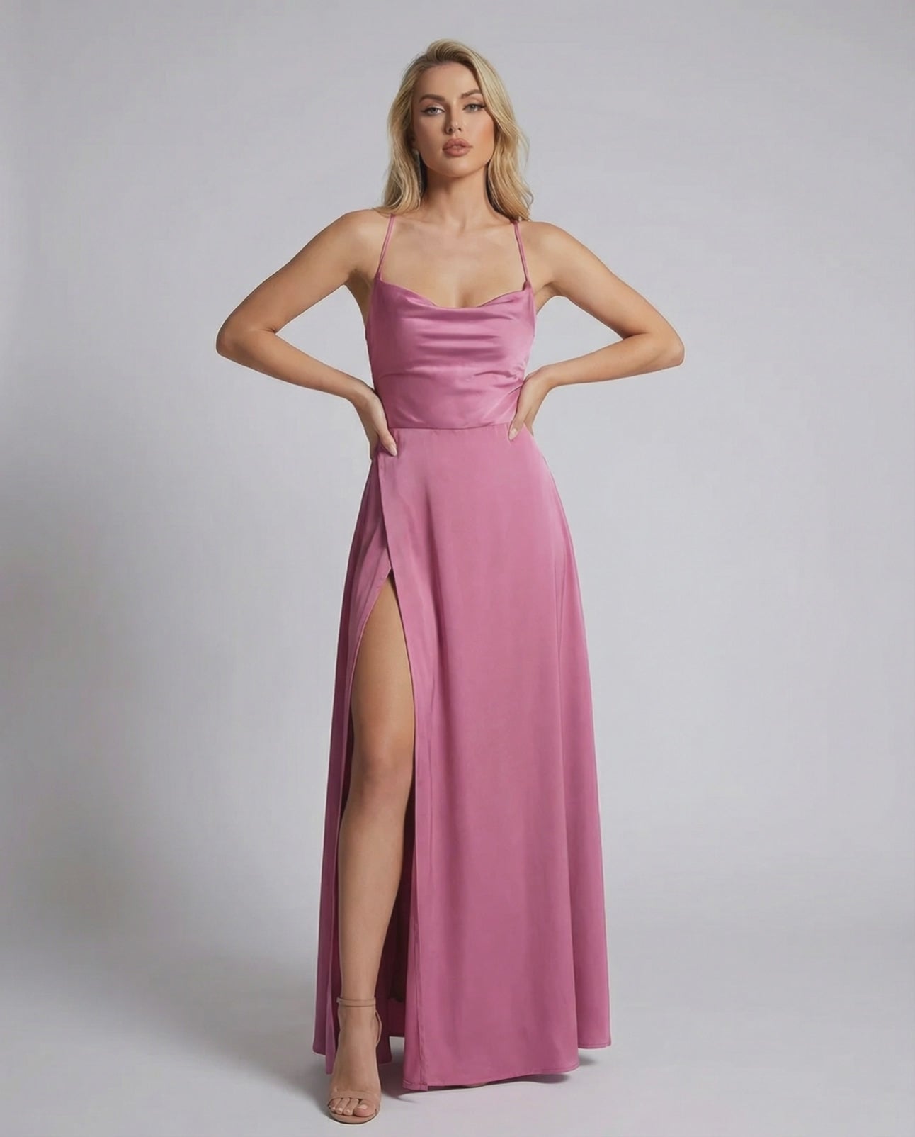 Sorrento Maxi Dress by Lauven, pink satin slip maxi dress with high slit and elegant evening silhouette.