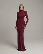 Verona Maxi Dress by Lauven, red high neck long sleeve, ruched open back, elegant evening wear.