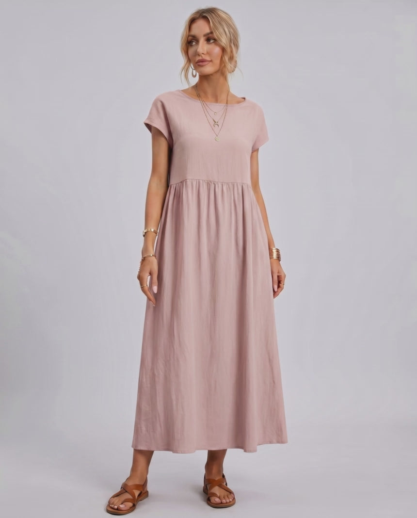Solenne Midi Dress by Lauven — cotton linen short sleeve o-neck loose midi dress