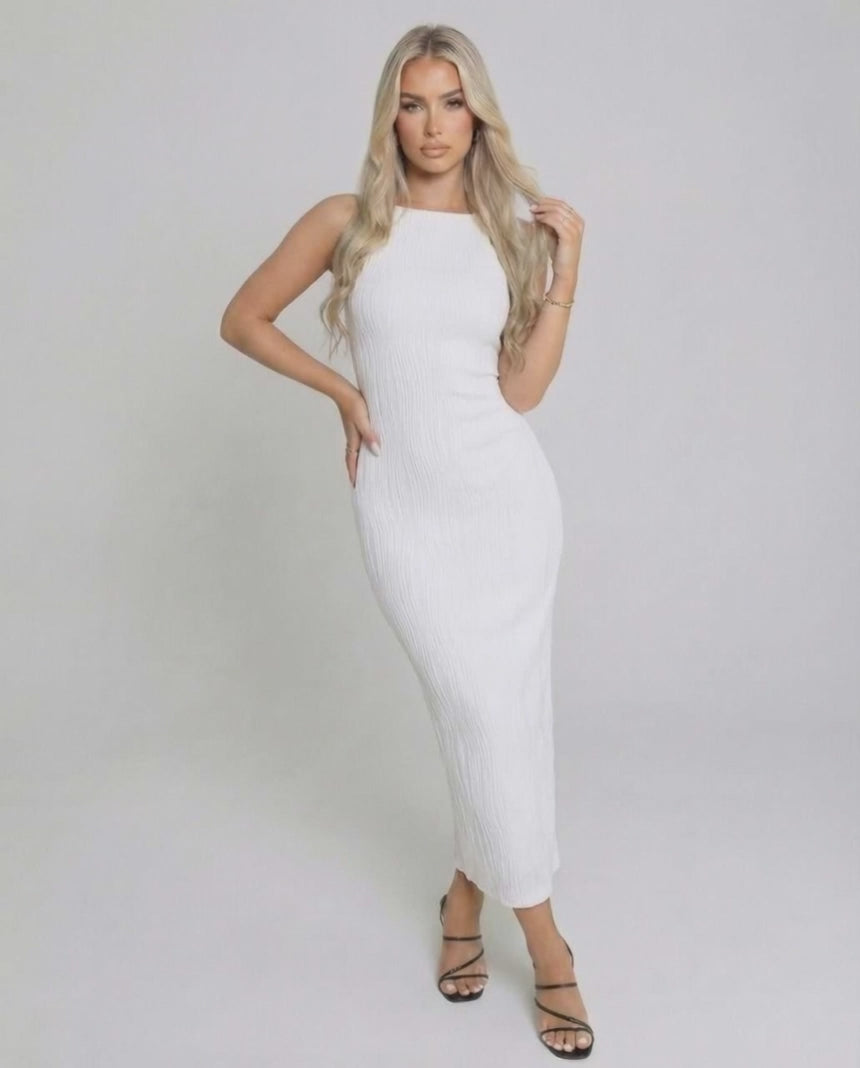 Luna Midi Dress by Lauven, chic white sleeveless slim fit dress showcasing elegant floor-length style.