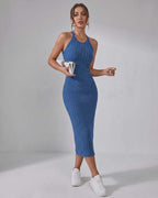 Lunara Midi Dress by Lauven — ribbed knit sleeveless crew neck slim-fit midi dress