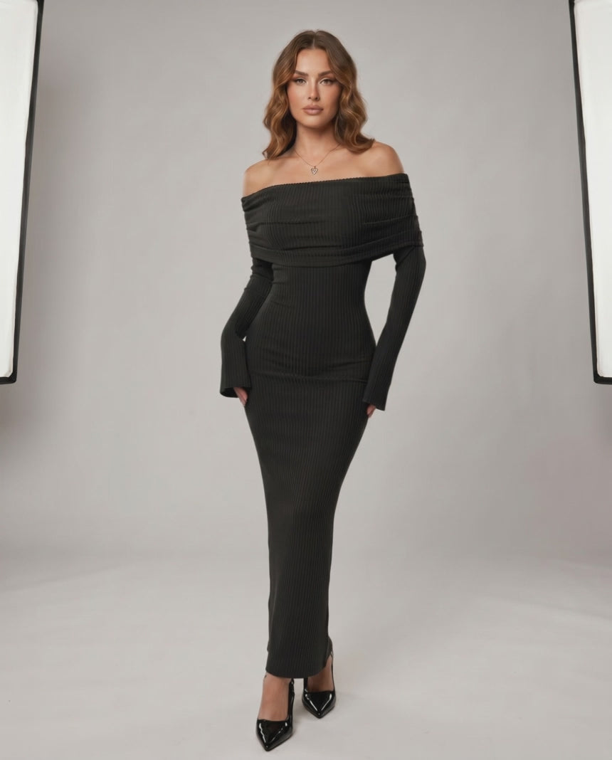Velora Maxi Dress by Lauven — ribbed knit long sleeve off-shoulder bodycon maxi dress
