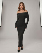 Velora Maxi Dress by Lauven — ribbed knit long sleeve off-shoulder bodycon maxi dress