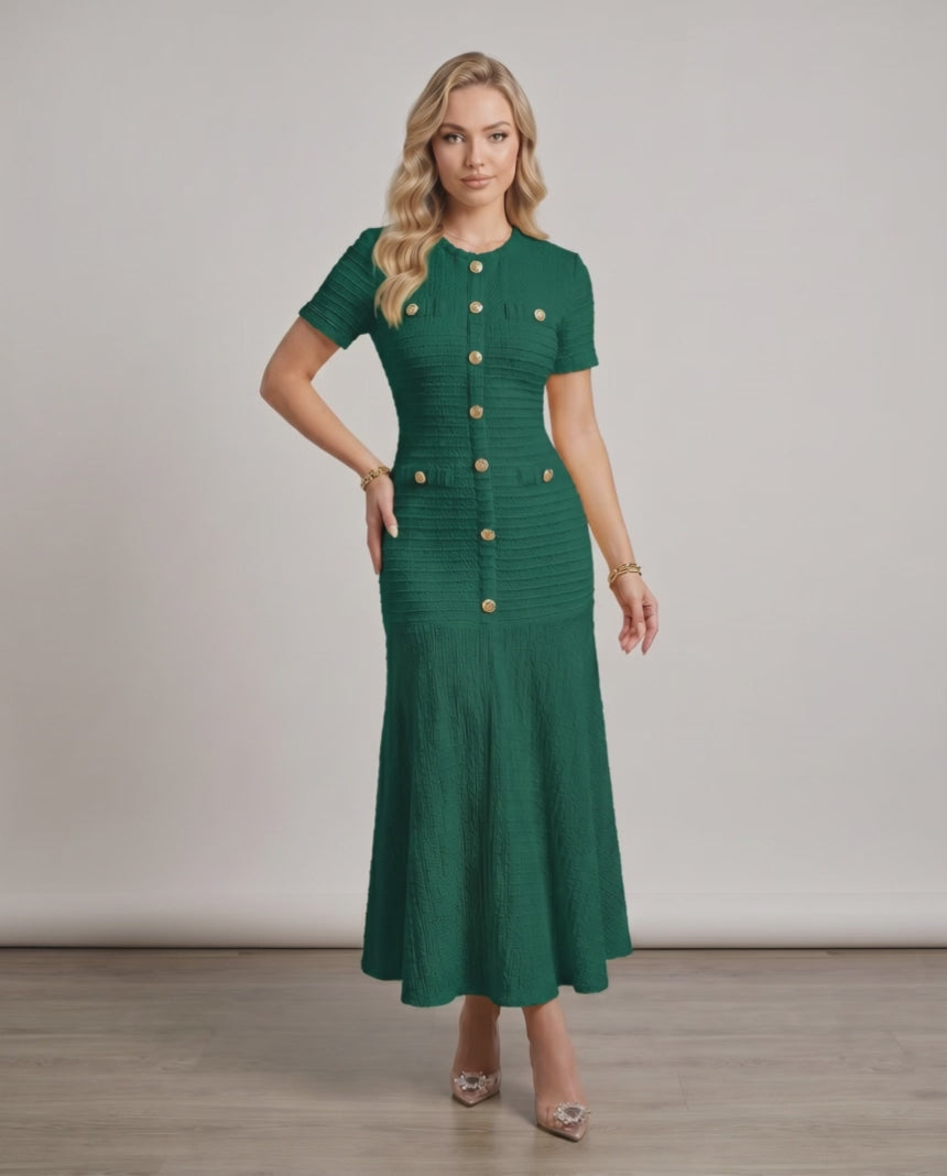 Aureline Maxi Dress by Lauven, textured knit, round neck, green flared hem, elegant fit for modern wardrobes.