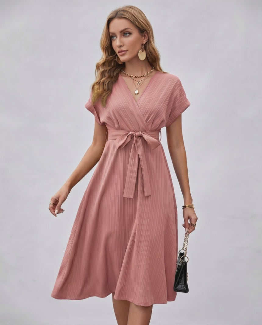 Serene Midi Dress by Lauven, pleated fabric, V-neck, A-line silhouette, self-tie belt for adjustable shaping.