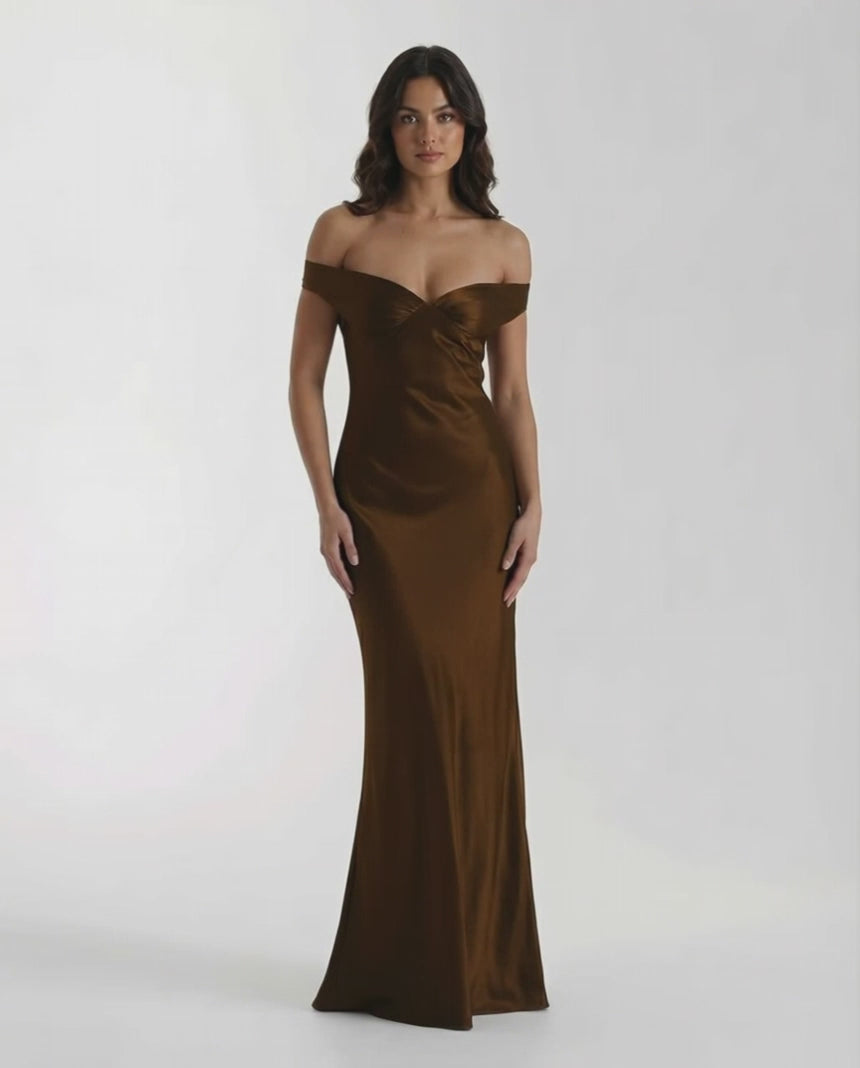 Sienna Maxi Dress by Lauven, brown satin off-shoulder gown, sculpted silhouette, elegant and refined look.