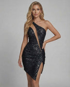 Elysia Mini Dress by Lauven, black sequin one-shoulder mini dress with deep front slit and glamorous silhouette.