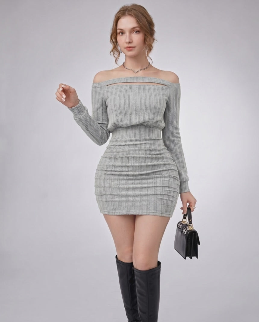 Aveline Mini Dress - Textured Knit, Off-Shoulder Neckline, Bodycon Silhouette by Lauven