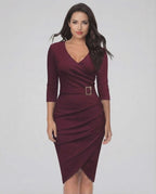 Vespera Midi Dress by Lauven in elegant burgundy color with belted waist and flattering V-neckline, perfect for evening events.