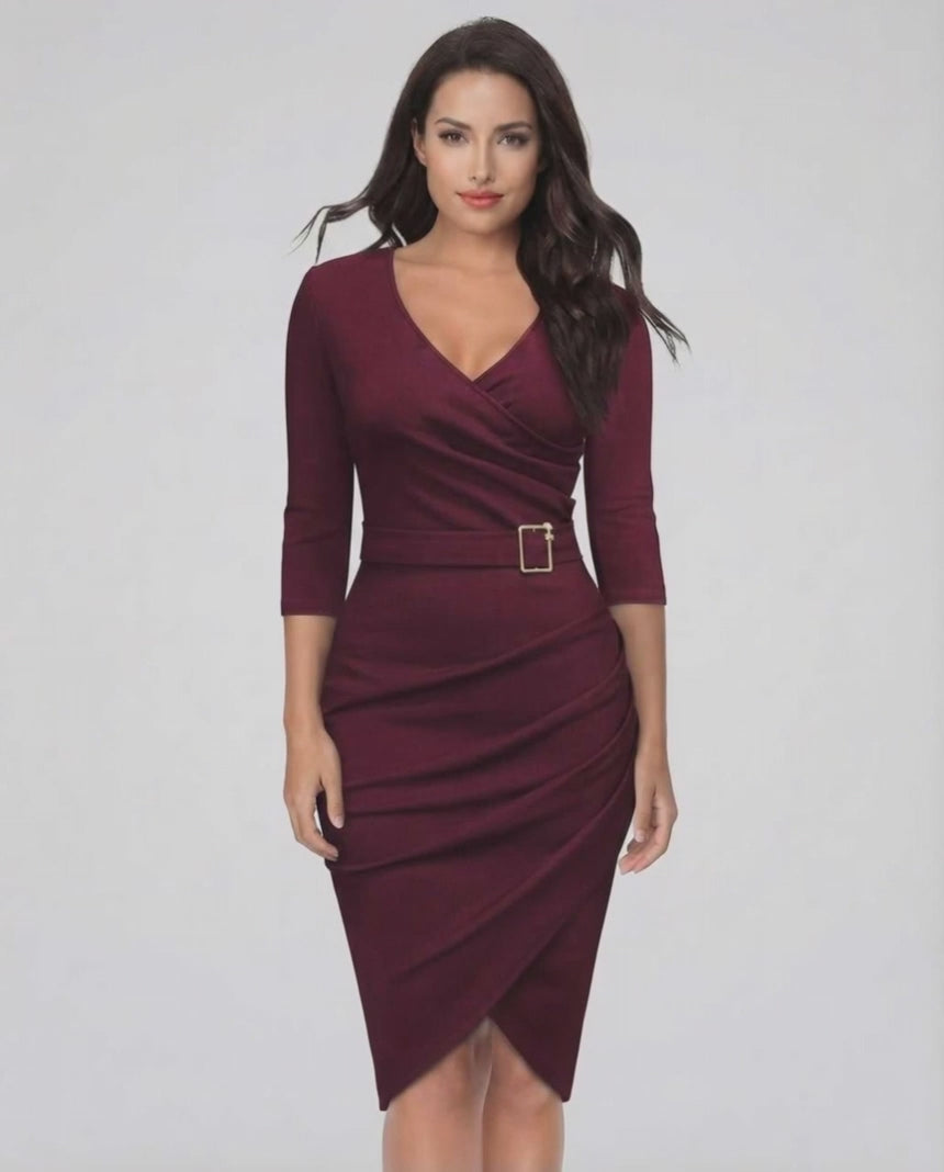 Vespera Midi Dress by Lauven in elegant burgundy color with belted waist and flattering V-neckline, perfect for evening events.