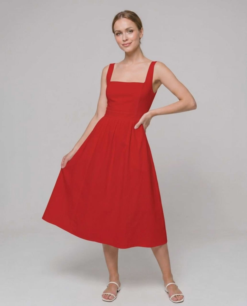 Aveline Midi Dress by Lauven — lightweight sleeveless square neck fit and flare midi dress