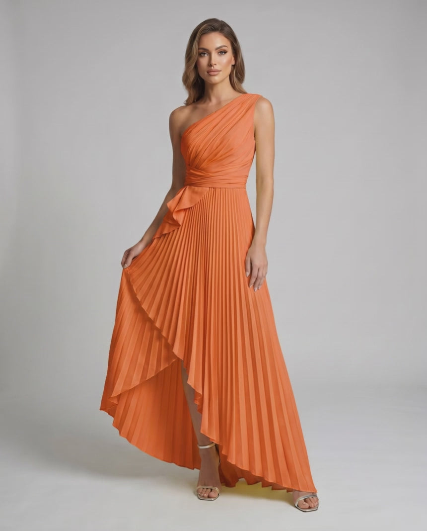 Aureline Maxi Dress by Lauven — pleated satin one shoulder A-line maxi dress with ruffle slit