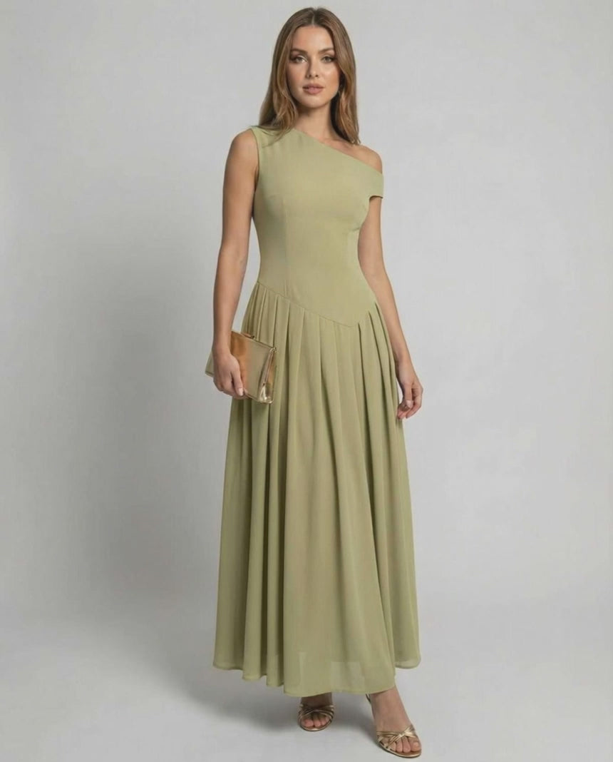 Sienna Maxi Dress in sage green, one shoulder style with A-line silhouette by Lauven, offering elegant and graceful movement.