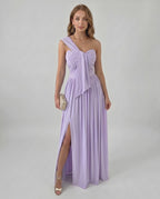Serelune Maxi Dress by Lauven — stretch satin sleeveless one-shoulder A-line maxi dress