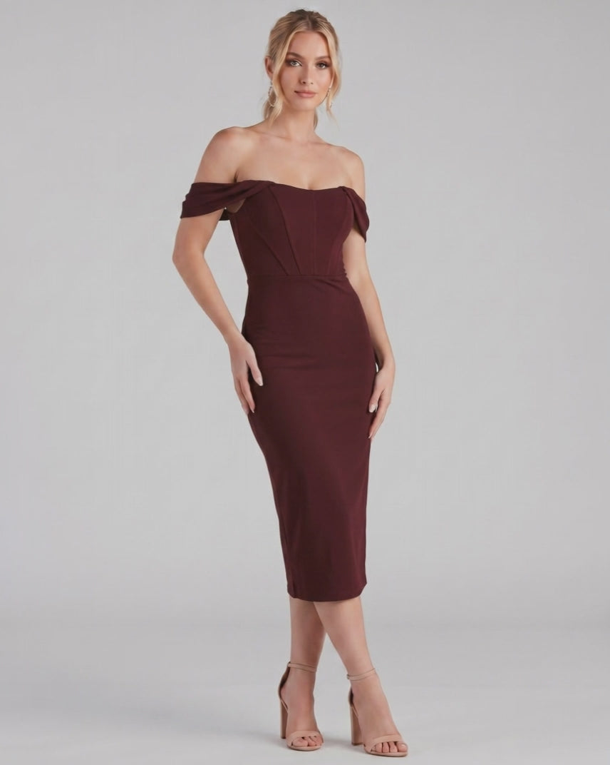 Celeste Midi Dress by Lauven — crepe-lined off-shoulder corset fitted midi dress