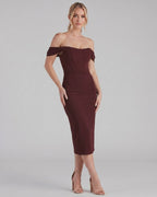 Celeste Midi Dress by Lauven — crepe-lined off-shoulder corset fitted midi dress