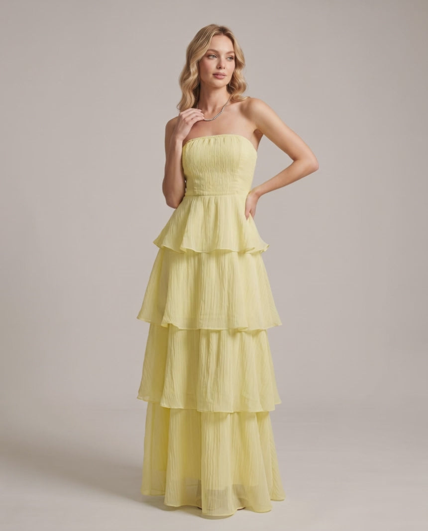Serelune Maxi Dress by Lauven — chiffon strapless tiered A-line maxi dress