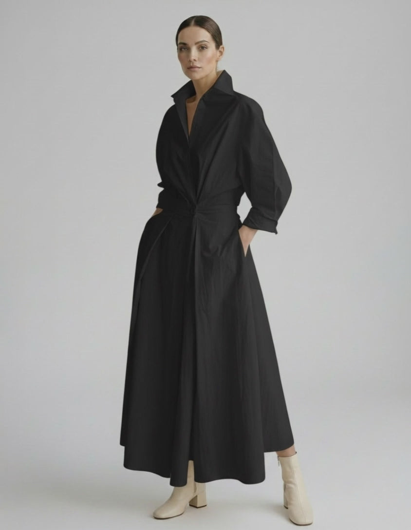 Aurelia Midi Dress by Lauven — breathable fabric long sleeve stand collar belted A-line midi dress