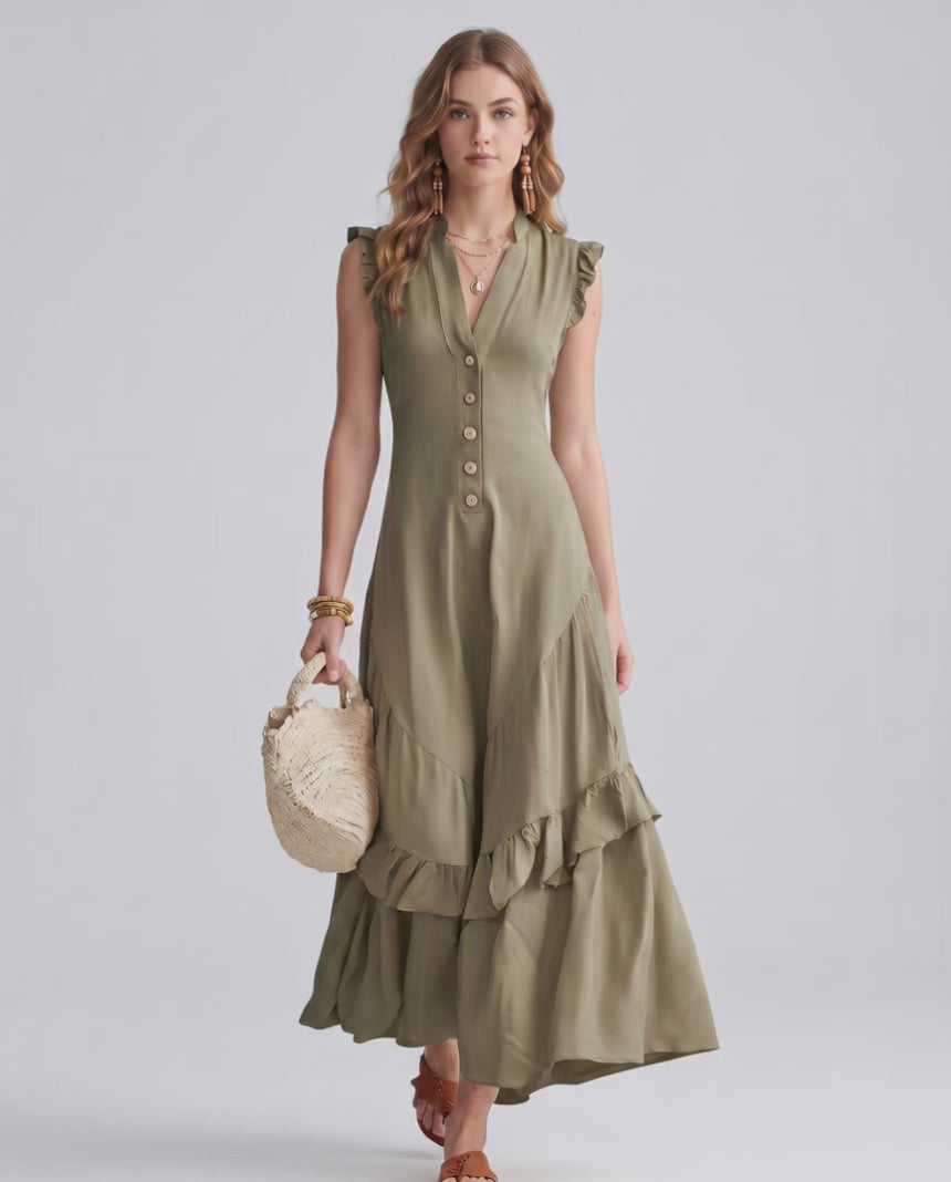 Seralyn Maxi Dress by Lauven — chiffon blend sleeveless V-neck A-line maxi dress