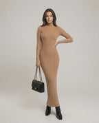 Sienna Maxi Dress in beige ribbed knit with turtleneck, featuring a sleek silhouette, by Lauven.