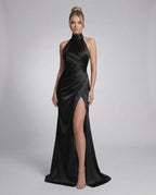 Veloura Maxi Dress by Lauven — satin sleeveless halter neck draped maxi dress
