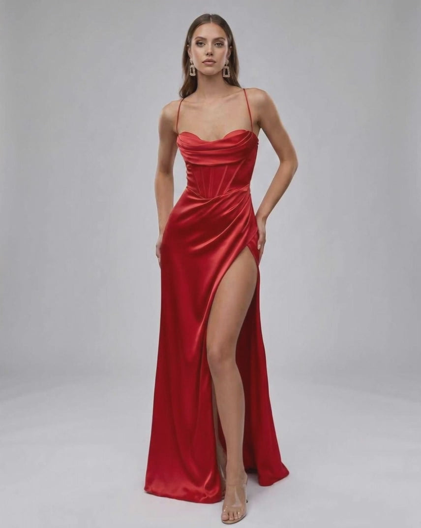 Liora Maxi Dress in luxury red satin features strapless design and thigh-high slit, embodying modern glamour by Lauven.