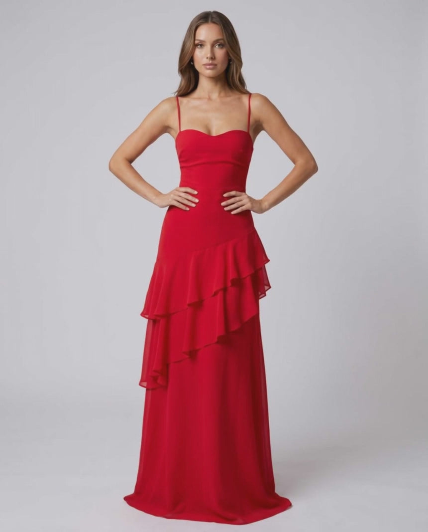 Rosette Maxi Dress by Lauven — polyester V-neck sleeveless bodycon maxi dress with layered ruffles