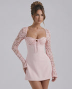 Liora Lace Dress by Lauven: Pink Lace Sleeve Mini Dress with Square Neck and A-line shape.