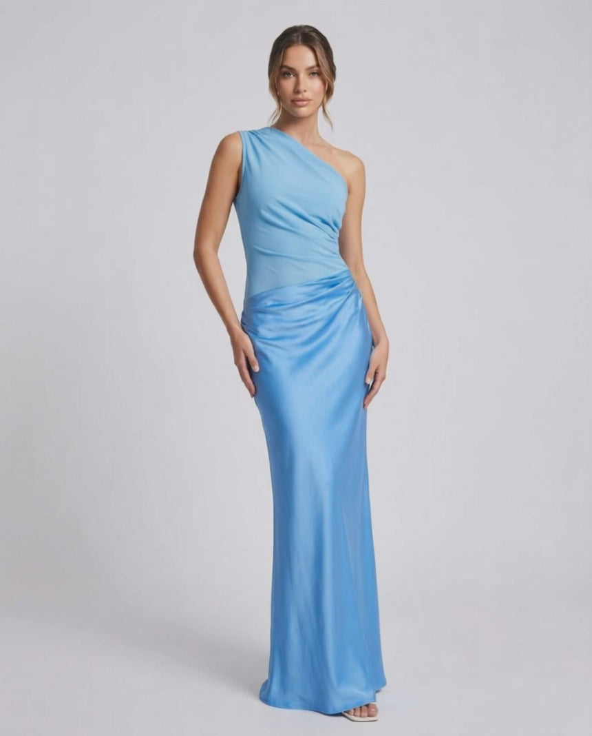 Aurelia Maxi Dress in blue, one shoulder design, featuring a sleek silhouette and ruffle details from Lauven.