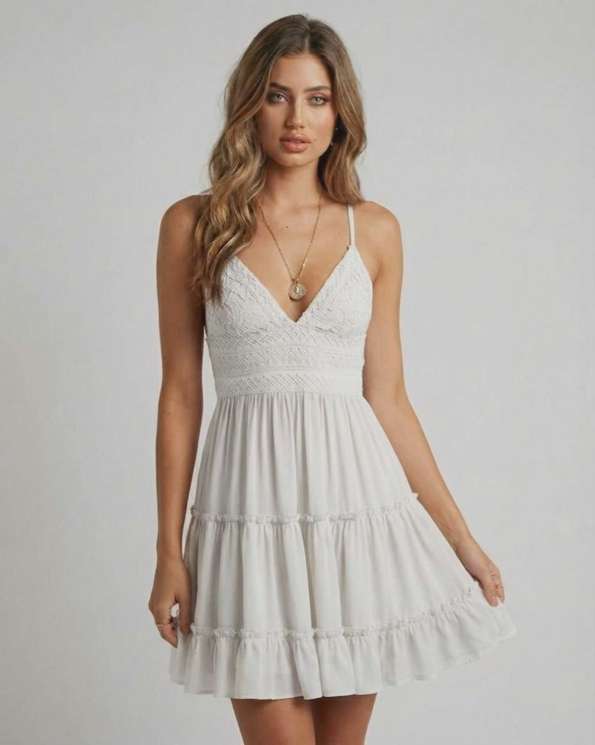 Lauven Luna Mini Dress with lace bodice and flowy skirt, perfect for warm weather occasions.