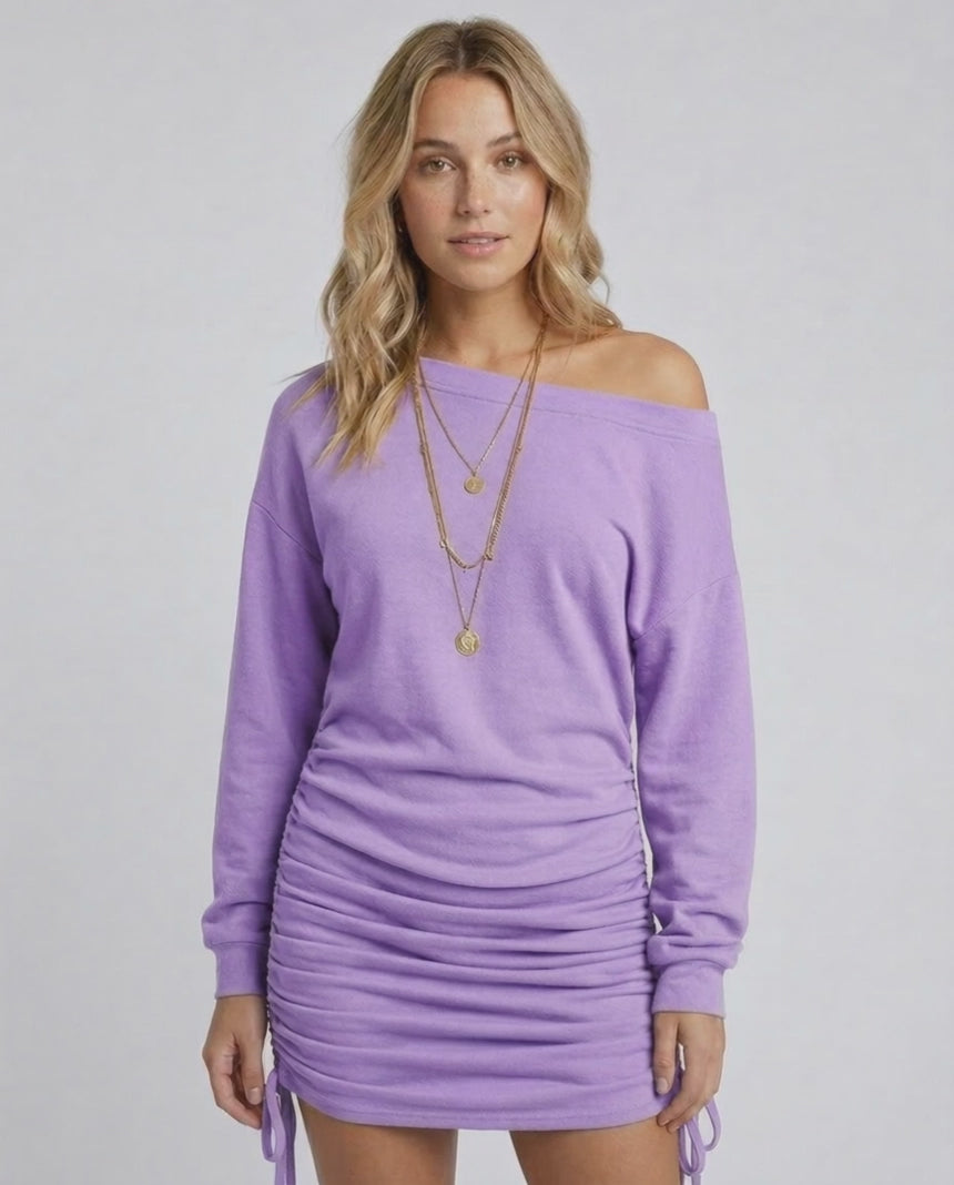 Lilac Mini Dress by Lauven featuring gathered drawstrings and a relaxed fit.