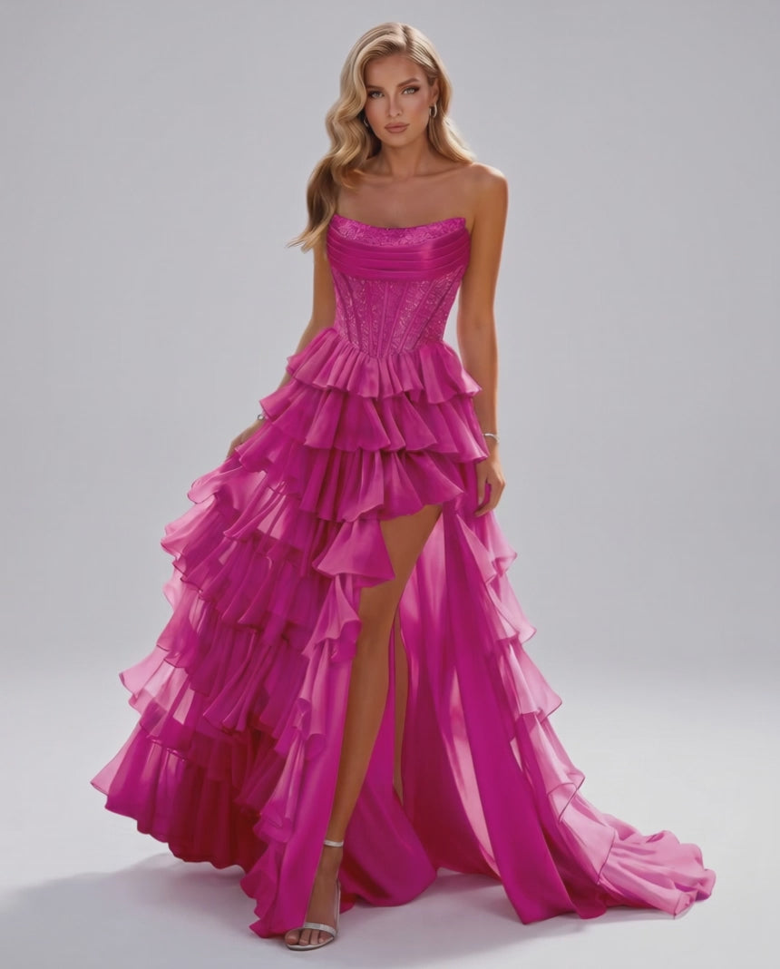 Celestia Maxi Dress by Lauven — organza strapless corset tiered maxi dress