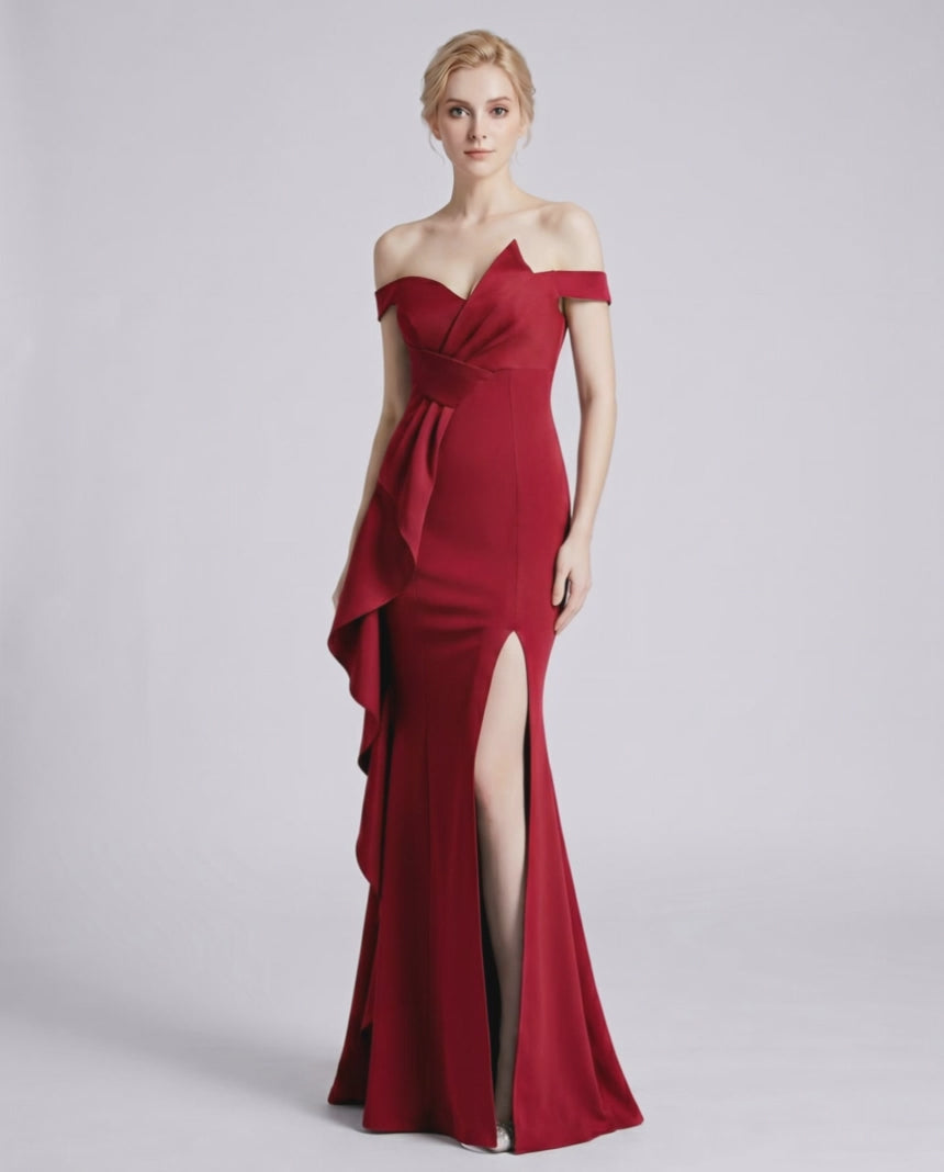 Veloura Maxi Dress by Lauven — polyester spandex off-the-shoulder mermaid maxi dress with slit