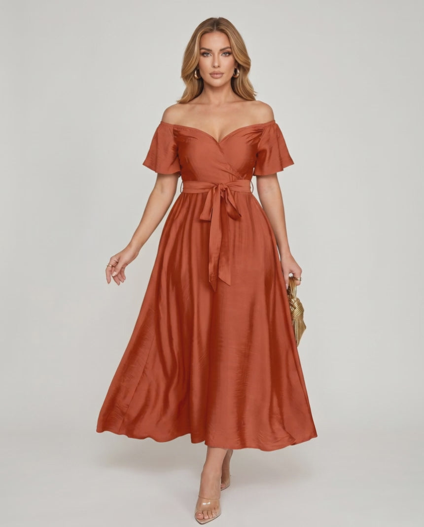 Seraph Midi Dress by Lauven — satin short sleeve off-shoulder sweetheart A-line midi dress