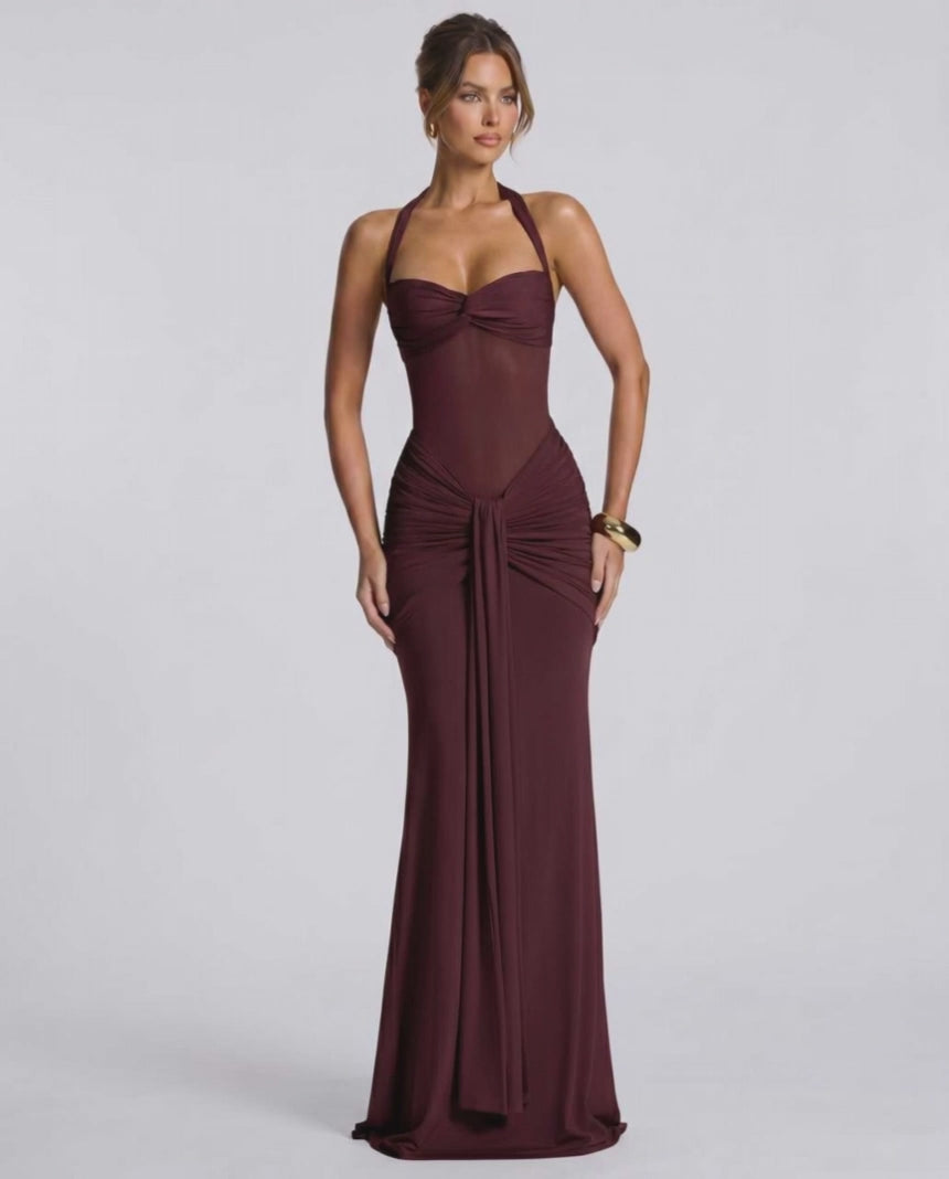 Solvane Maxi Dress by Lauven — stretch mesh sleeveless halter neck slim fit maxi dress