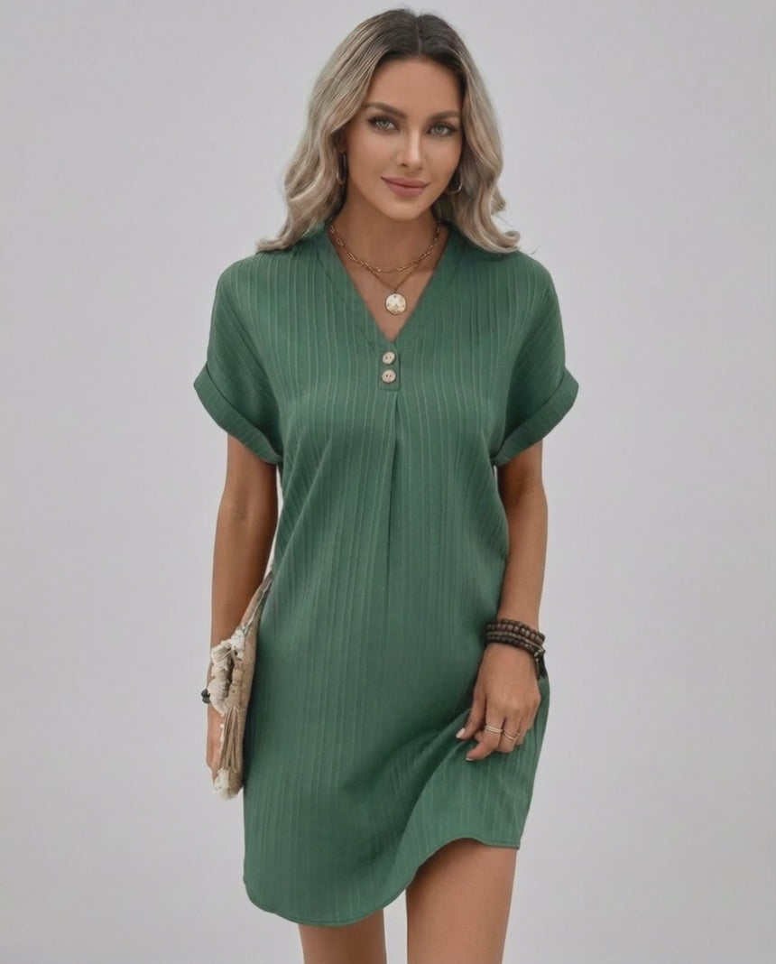 Lunelle Mini Dress by Lauven — textured short sleeve V-neck relaxed mini dress