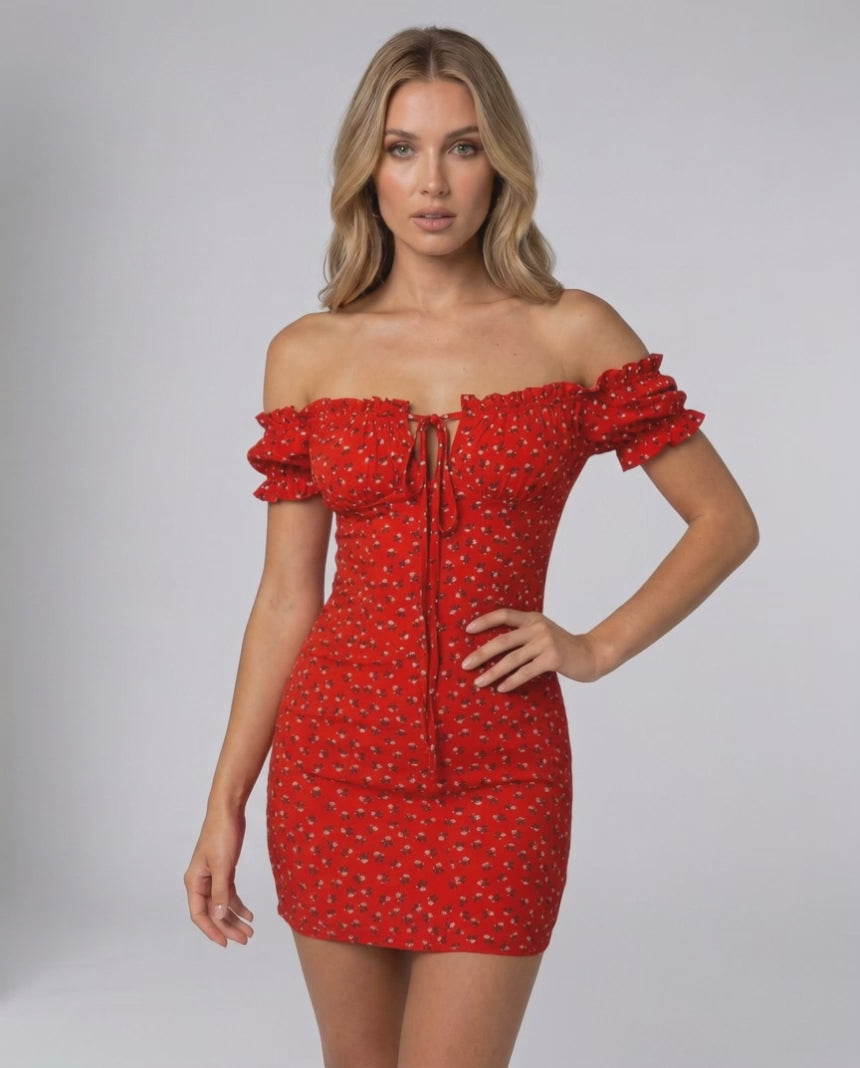 Rosalia Mini Dress by Lauven – Red Floral Off Shoulder Mini Dress with structured bodice and romantic style.