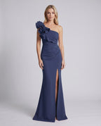 Aurelium Maxi Dress in navy, featuring one-shoulder design and layered wavy detailing, by Lauven.