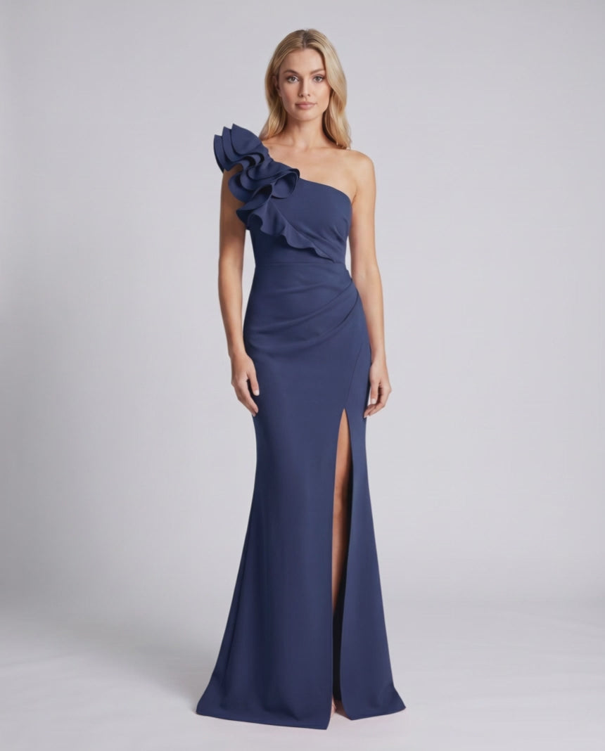 Aurelium Maxi Dress in navy, featuring one-shoulder design and layered wavy detailing, by Lauven.