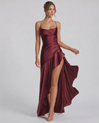 Veloura Maxi Dress by Lauven — satin spaghetti strap cowl neck bodycon maxi dress