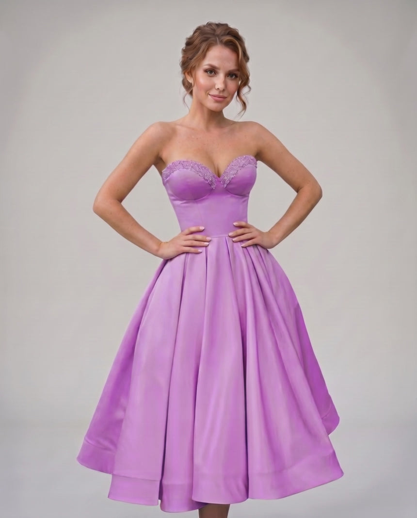 Veloura Midi Dress by Lauven — satin strapless sweetheart A-line midi dress