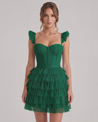 Celestia Mini Dress by Lauven — layered tulle sweetheart A-line mini dress with spaghetti straps