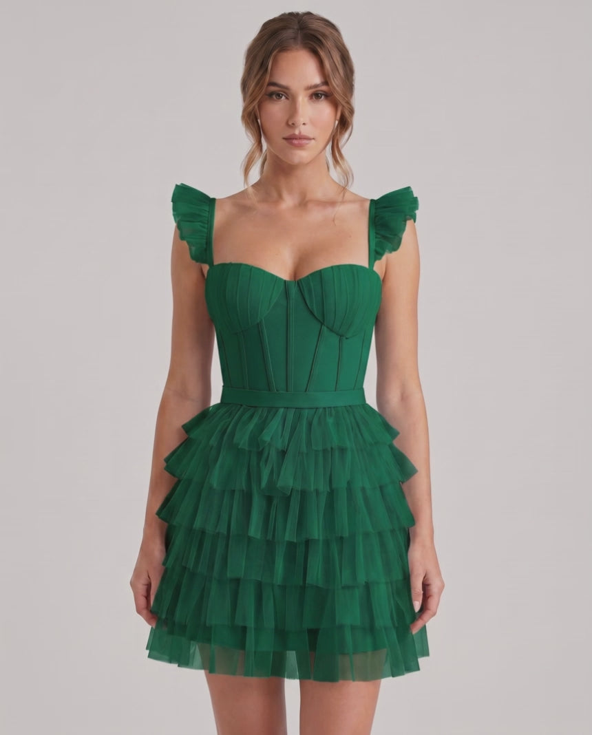 Celestia Mini Dress by Lauven — layered tulle sweetheart A-line mini dress with spaghetti straps
