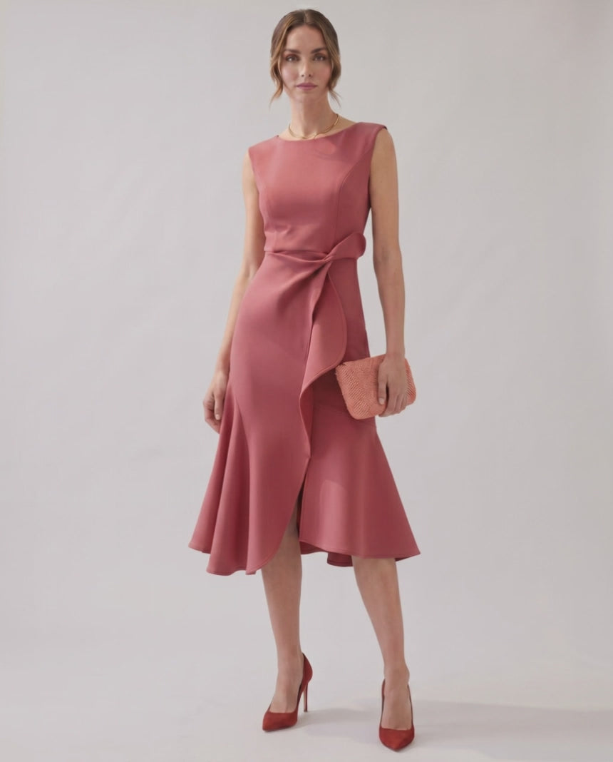 Serelune Midi Dress by Lauven — sleeveless satin midi dress with ruffle detail and fit flare silhouette