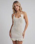 Serena Mini Dress by Lauven - Cream Halter Neck Pleated Mini Dress with Ruffle Hem