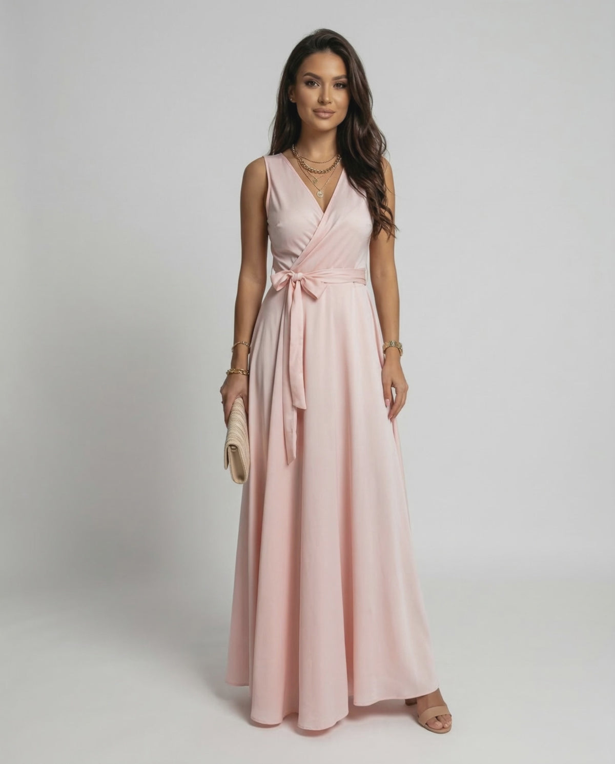 Celeste Maxi Dress by Lauven, featuring a soft blush pink color and elegant V-neck design.