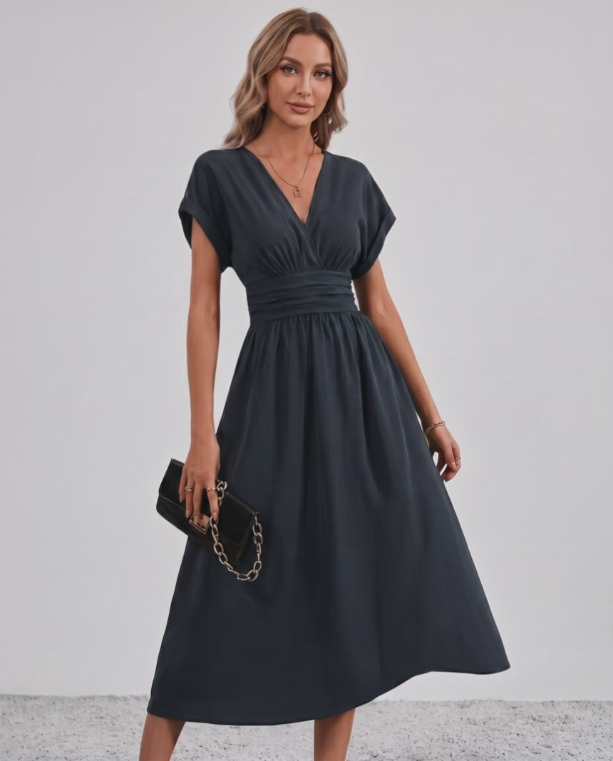 Aurea Midi Dress by Lauven — lightweight woven batwing sleeve V-neck A-line midi dress
