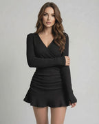 Orion Mini Dress in elegant ribbed knit, featuring a deep V-neckline and flared hem, by Lauven.