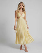 Lunara Midi Dress by Lauven — satin sleeveless V-neck flowing pleated midi dress