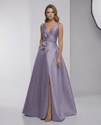 Lunara Maxi Dress - Lavender satin A-Line V-neck evening dress with a chic bow and elegant split, by Lauven.
